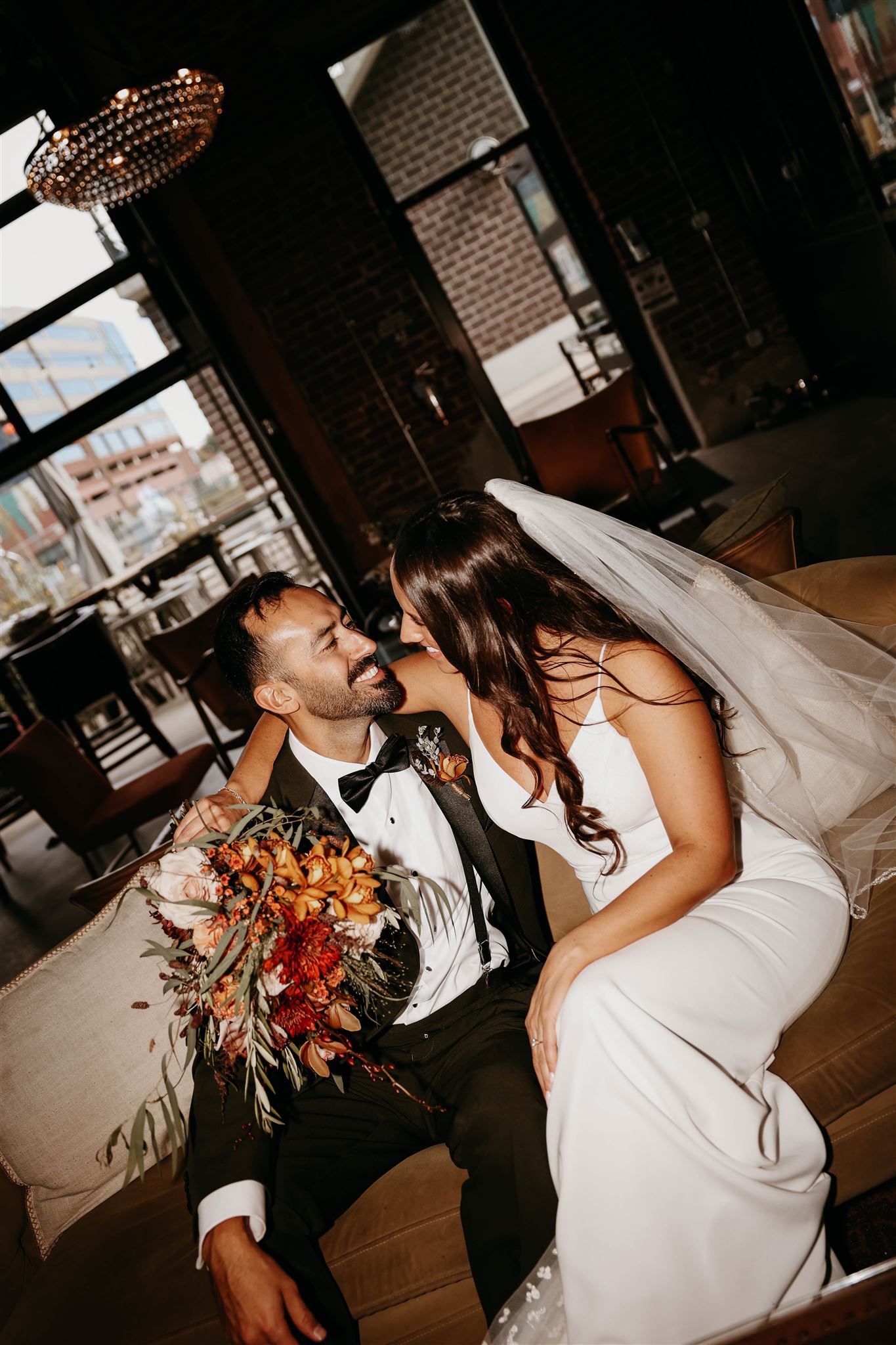 bride and groom flash portrait at fall wedding in colorado 