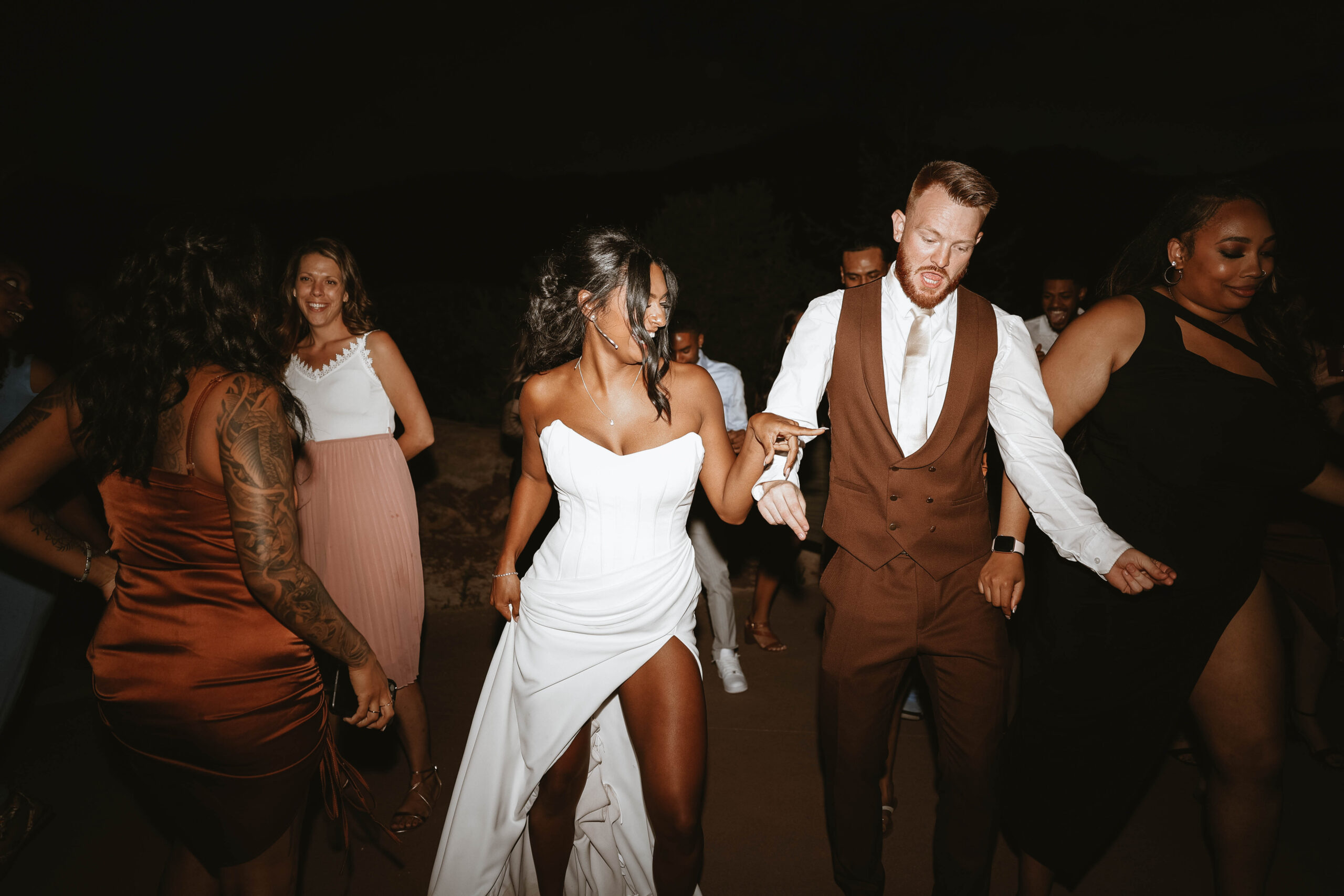 bride and groom dancing at reception at outdoor wedding in Colorado