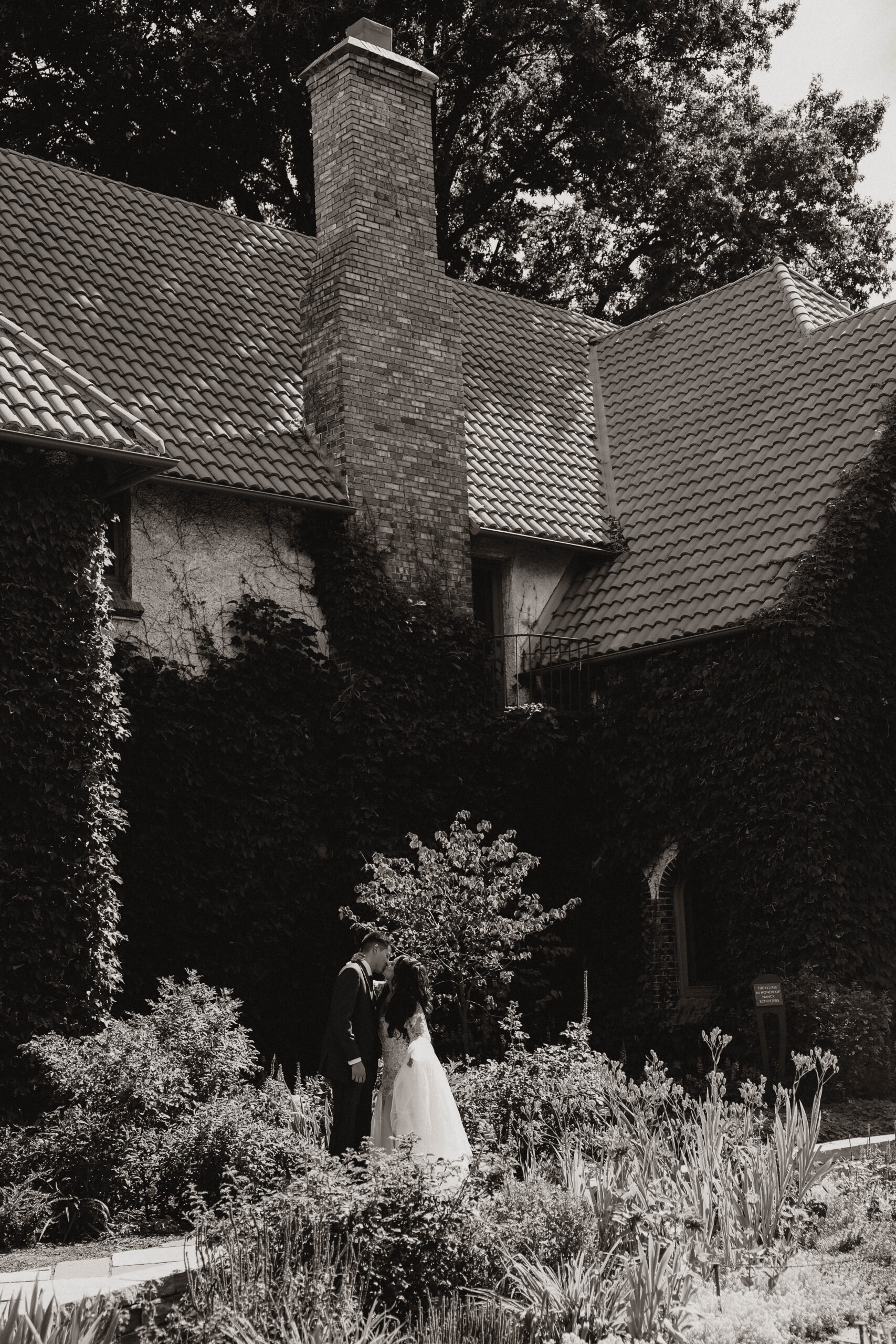 black and white bride and groom at romantic denver garden wedding 