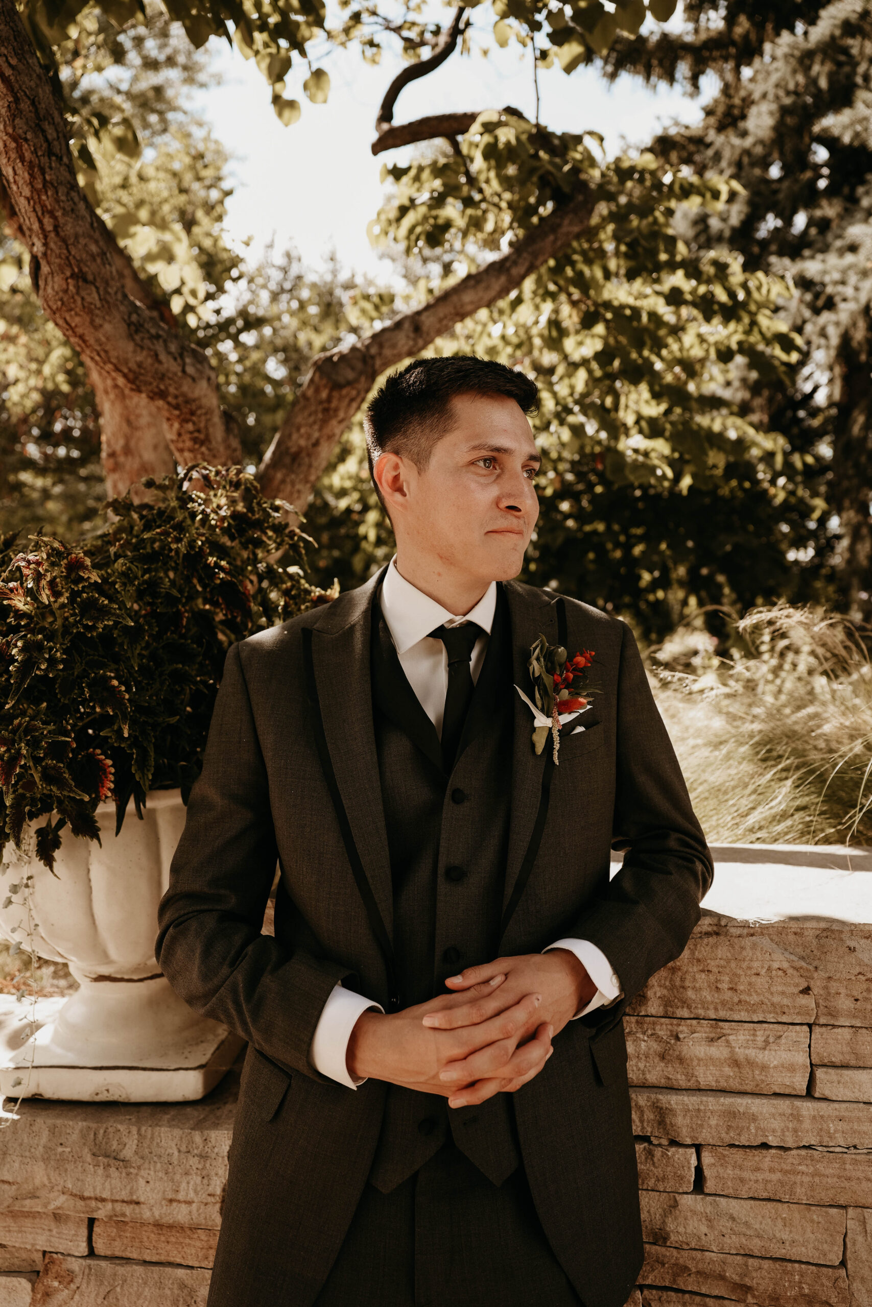 groom portrait at  romantic denver botanic gardens wedding 