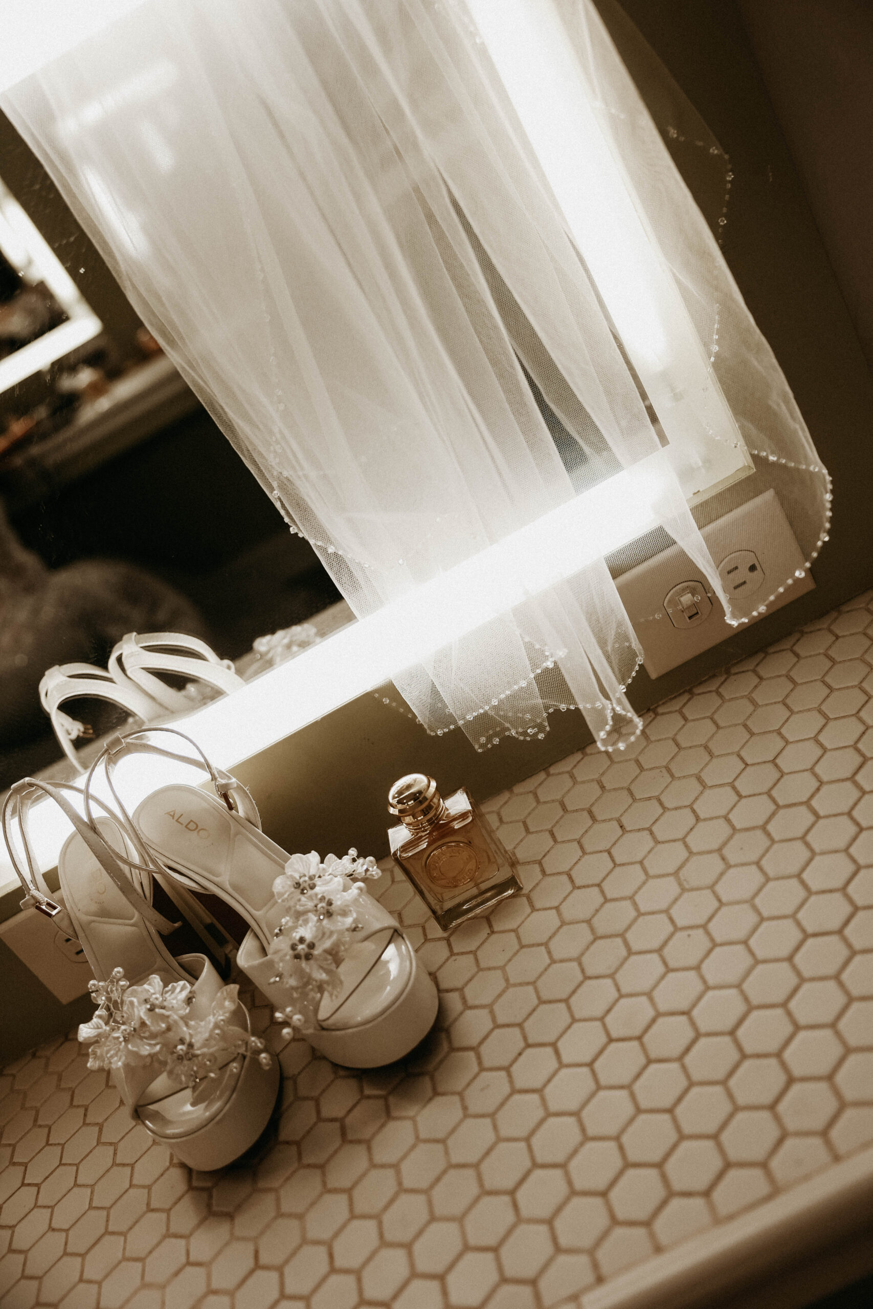 bridal detail shot of wedding shoes and veil 