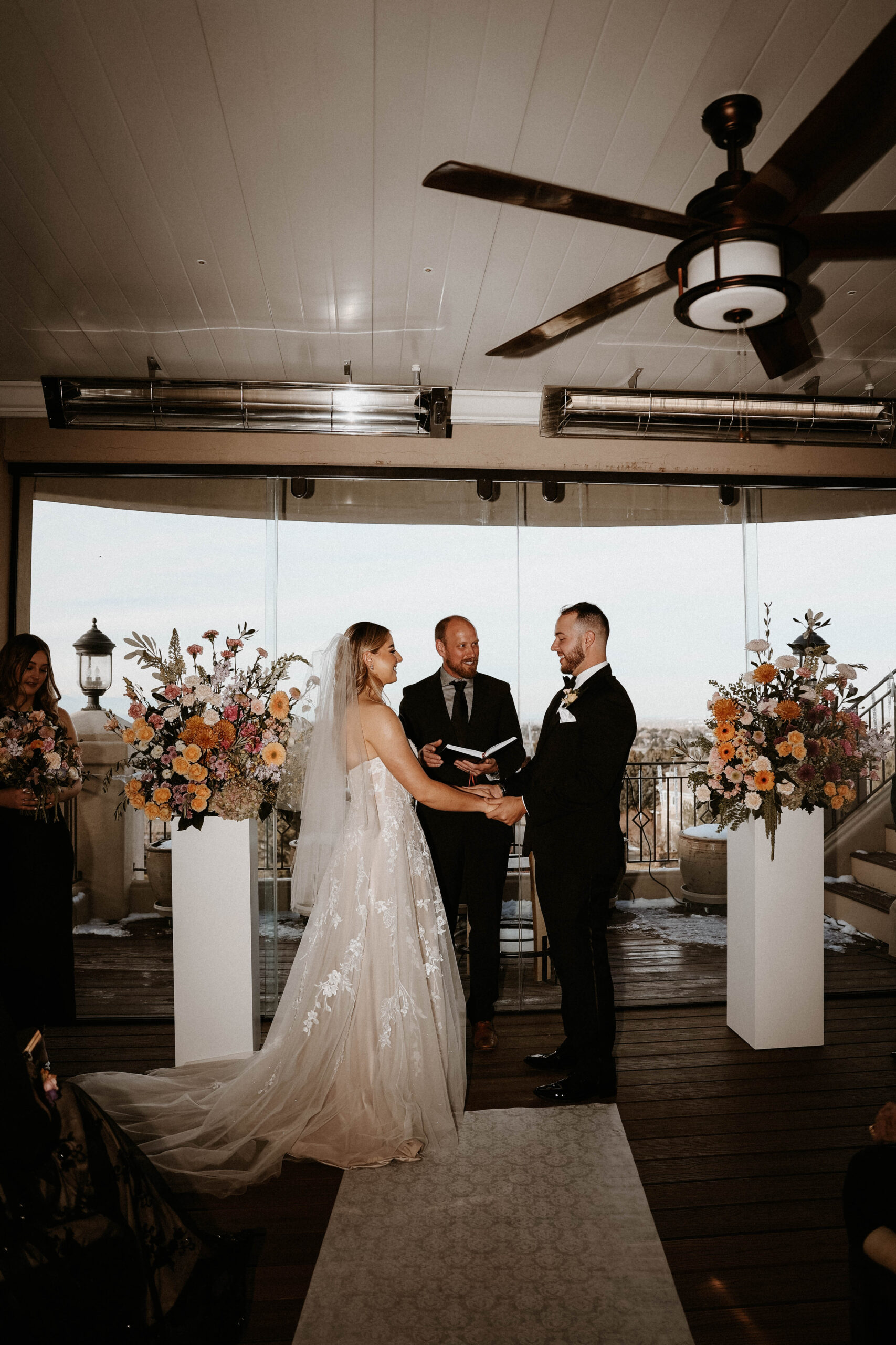 bride and groom at the Colorado micro wedding altar 