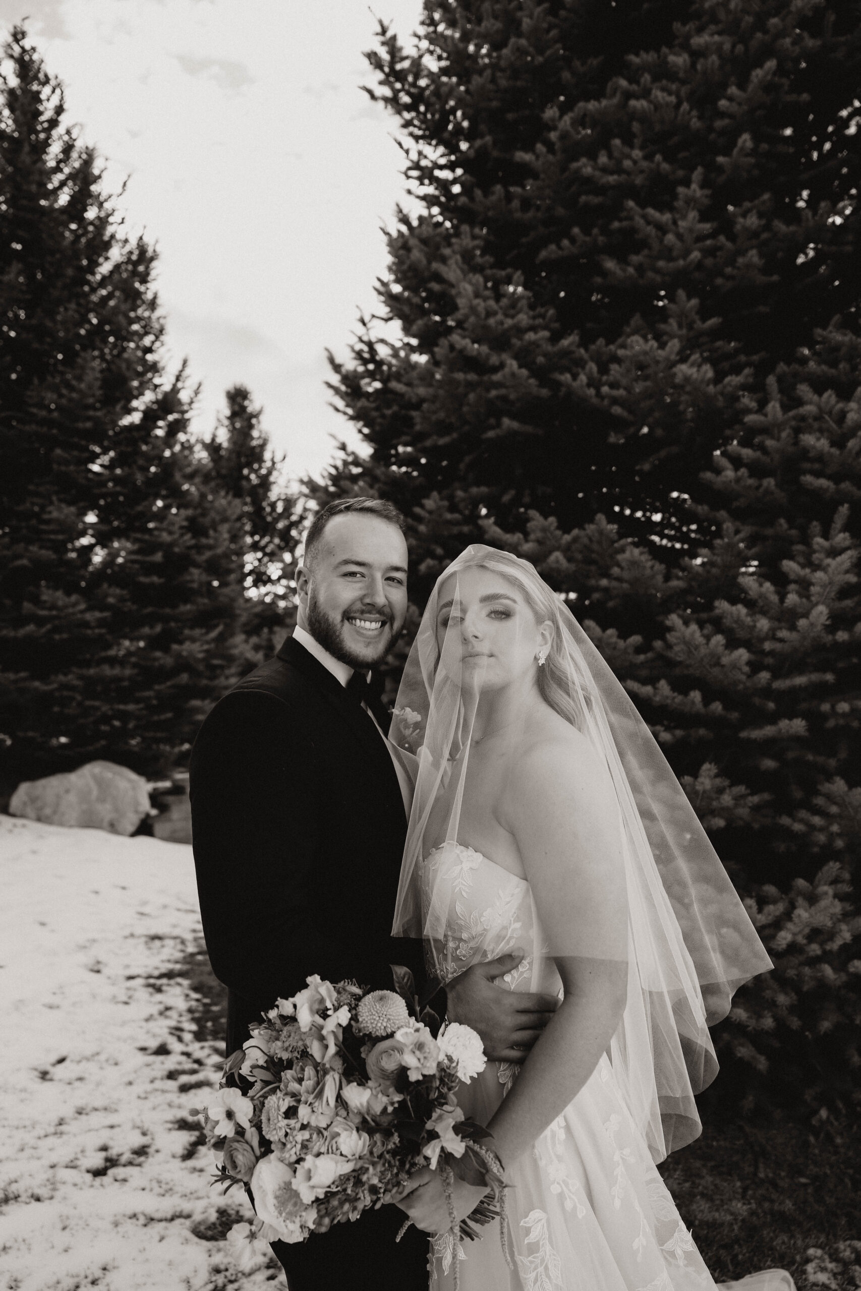 black and white bridal couple portrait for Colorado micro wedding 