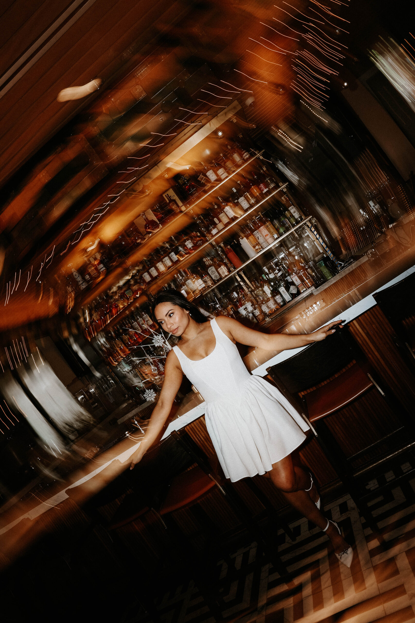 blurry photo of bride to be portrait at the bar