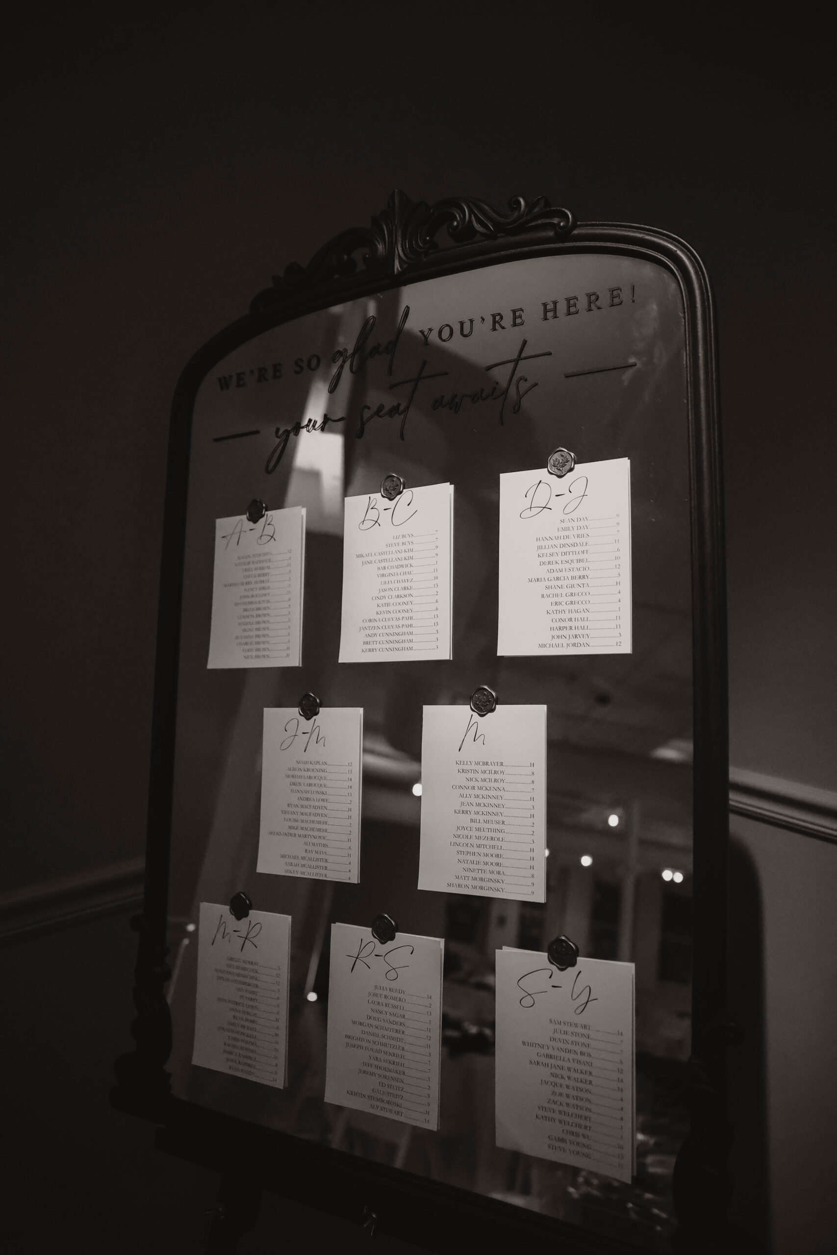 reception seating chart on a mirror 