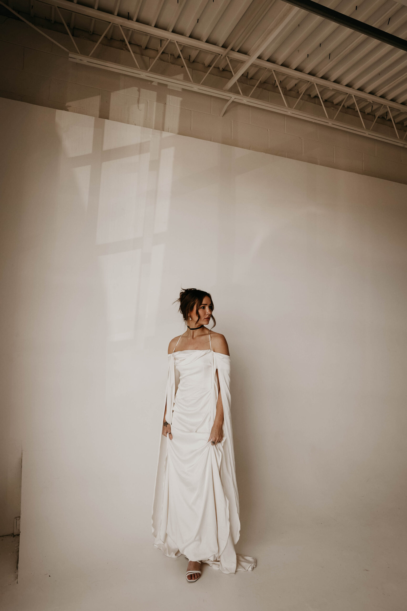 studio bridal photography of bride in a white dress