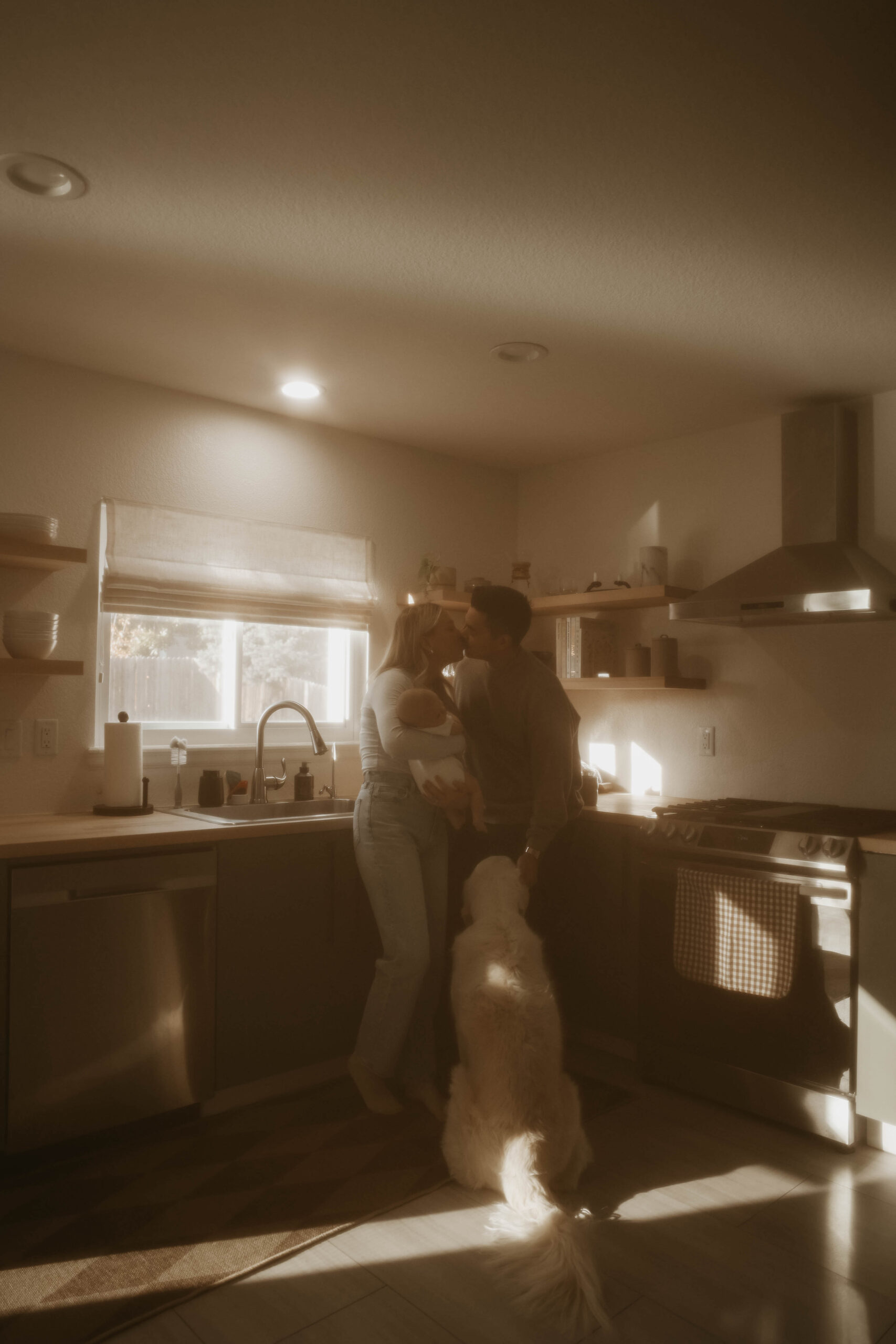a couple kissing in the kitchen with their dog at their feet during in-home family photos 