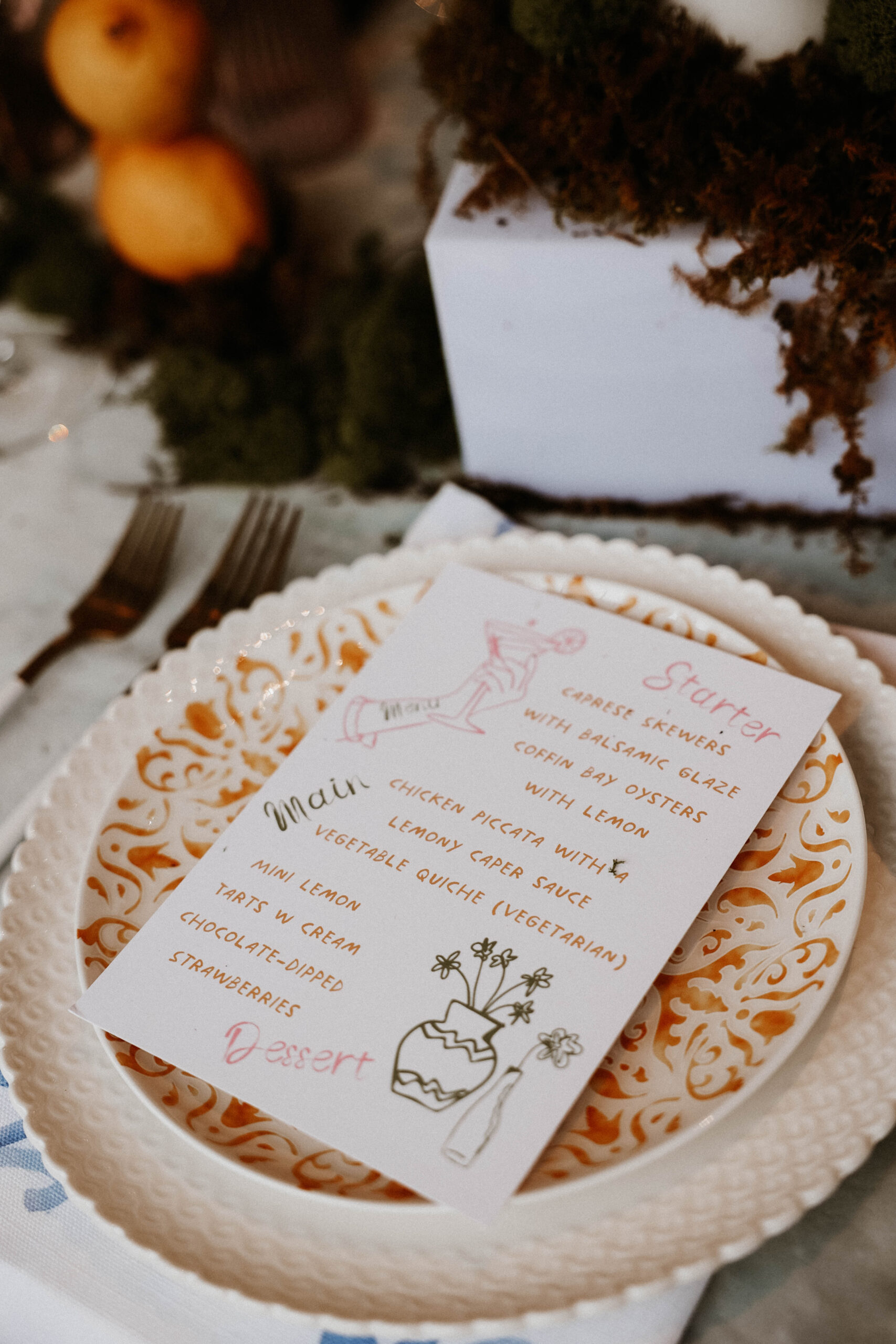 a whimsical hand written food menu for a colorful spring wedding 