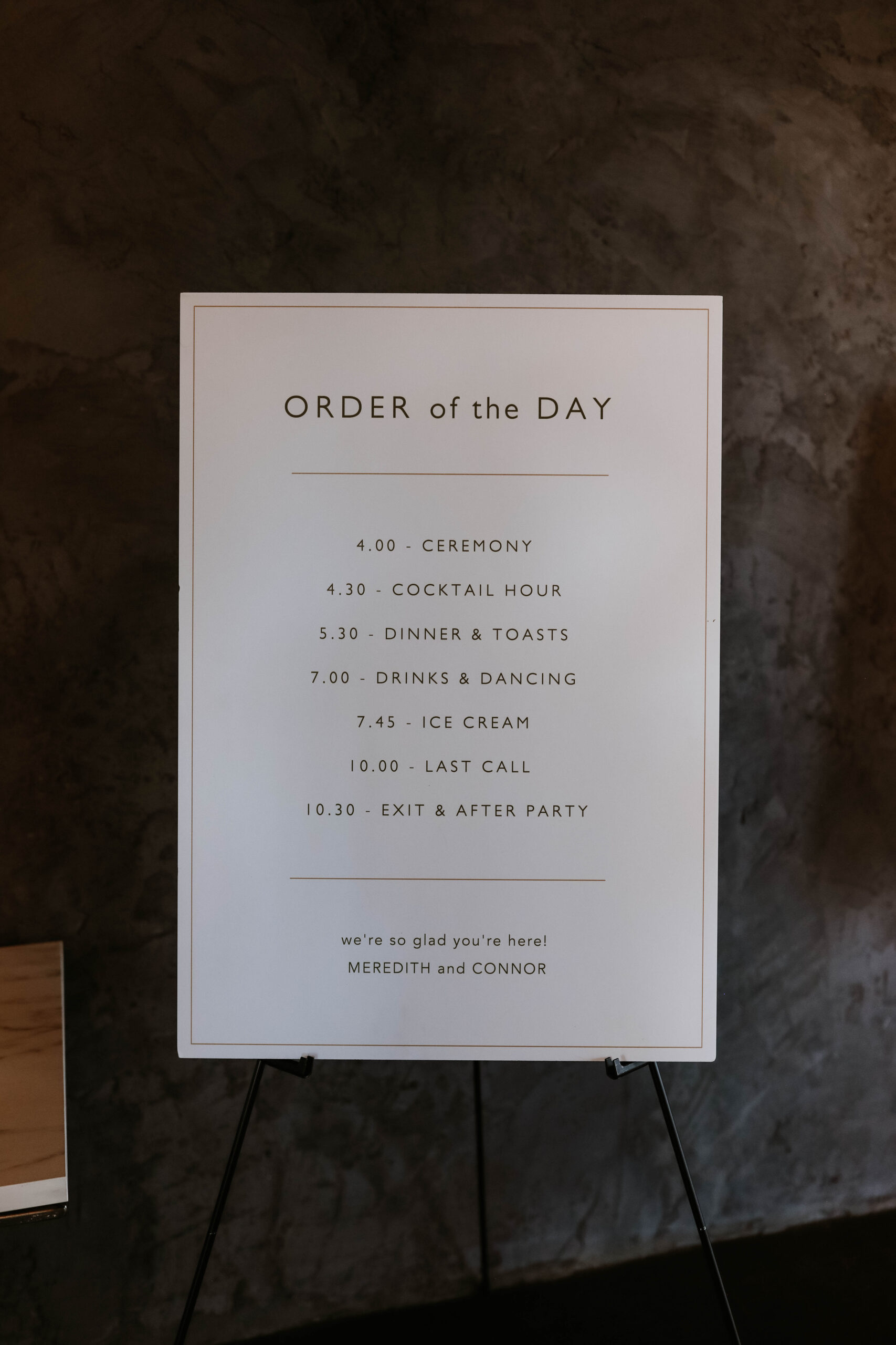 order of the day wedding sign at one of the most perfect Denver Colorado venues