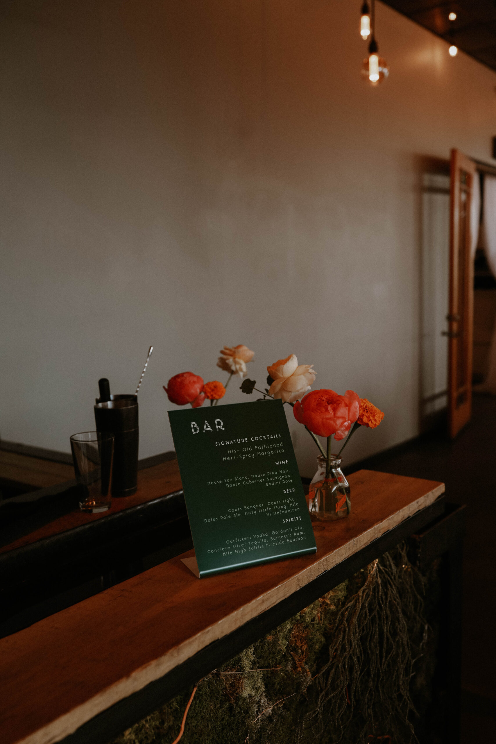 wedding bar menu and bright florals 