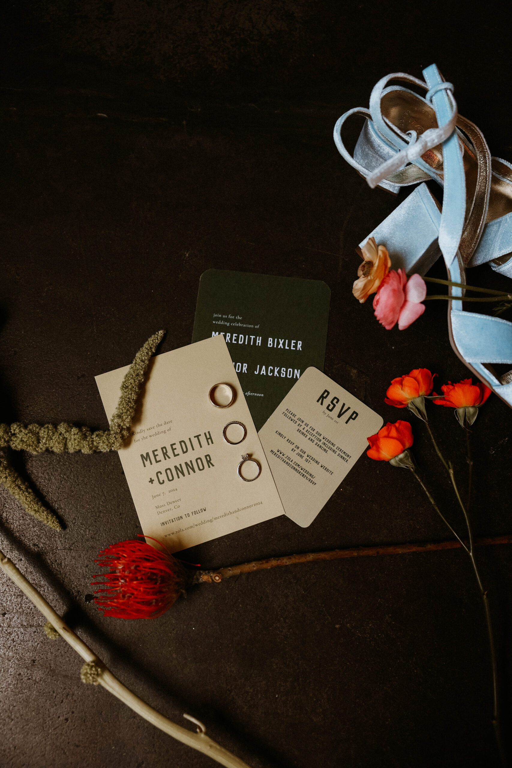 colorful flatlay for a wedding at one of the most perfect Denver Colorado venues