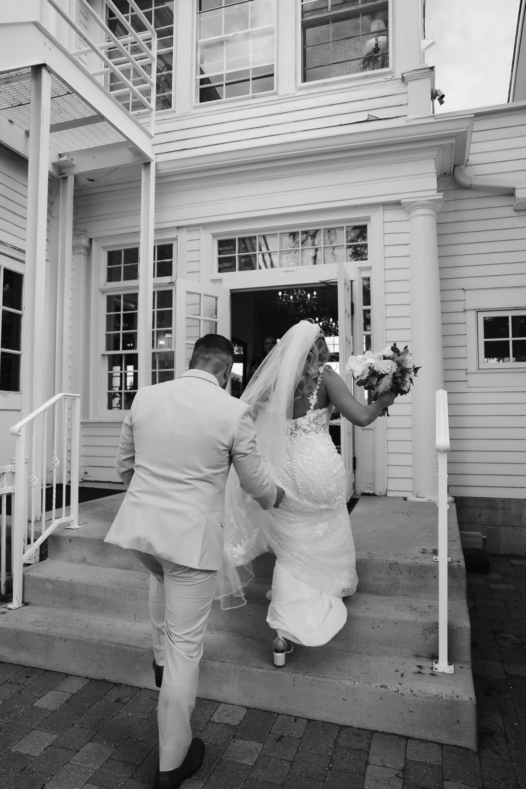 bride and groom walking together 