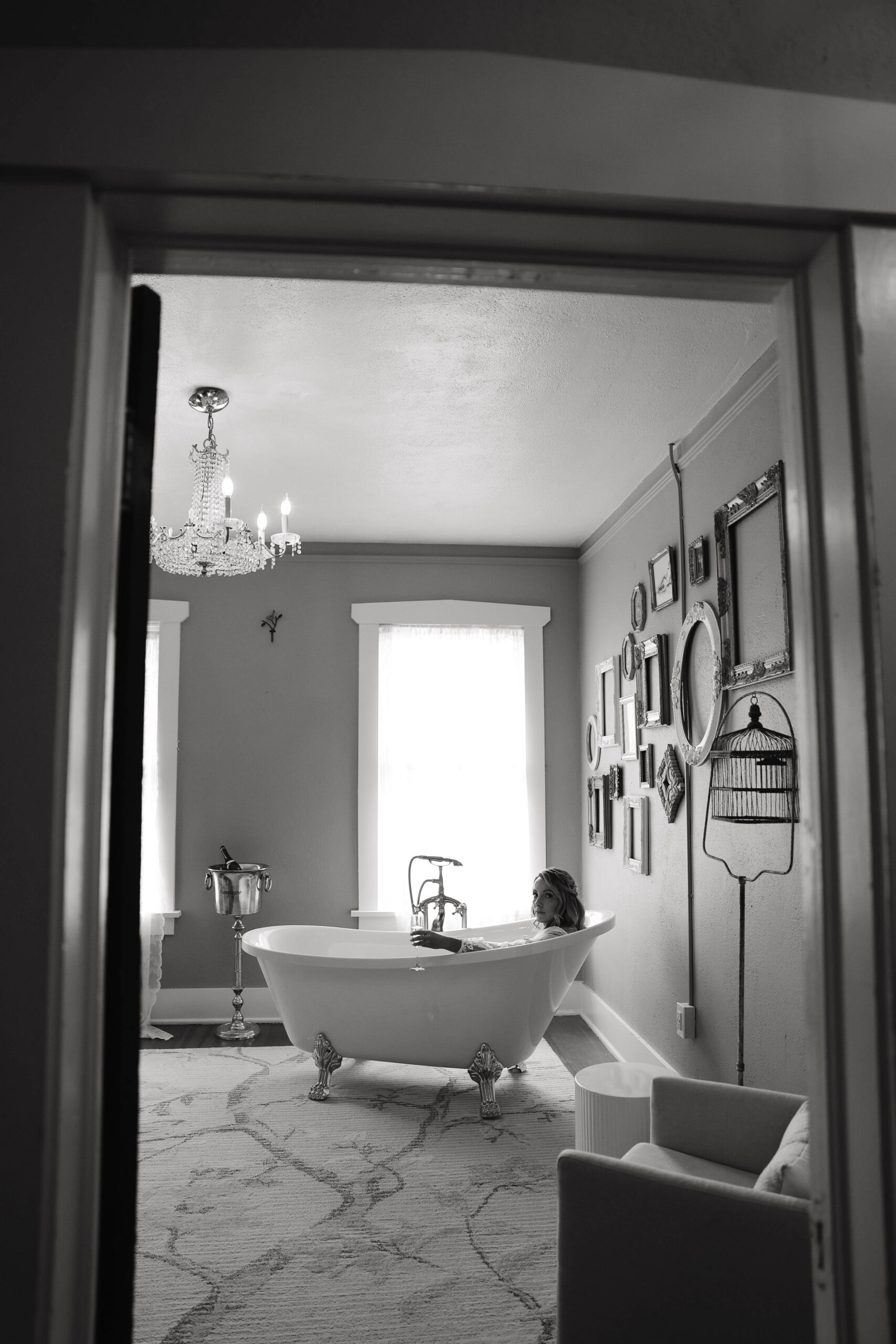 bride in the tub in her getting ready space