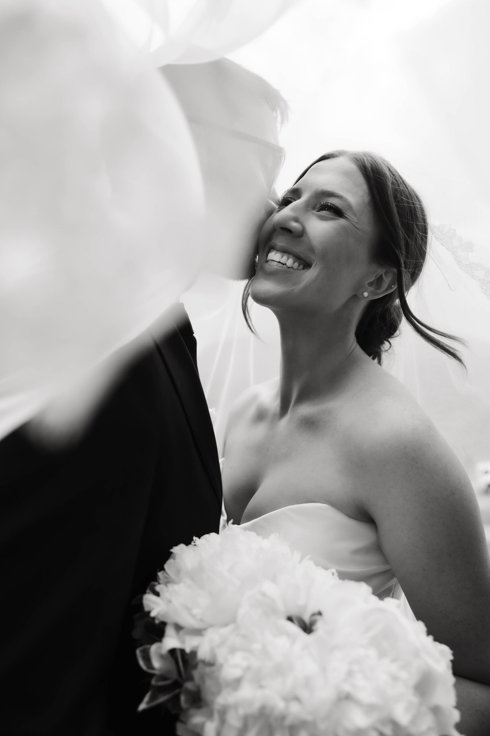 veil portrait of bride and groom 