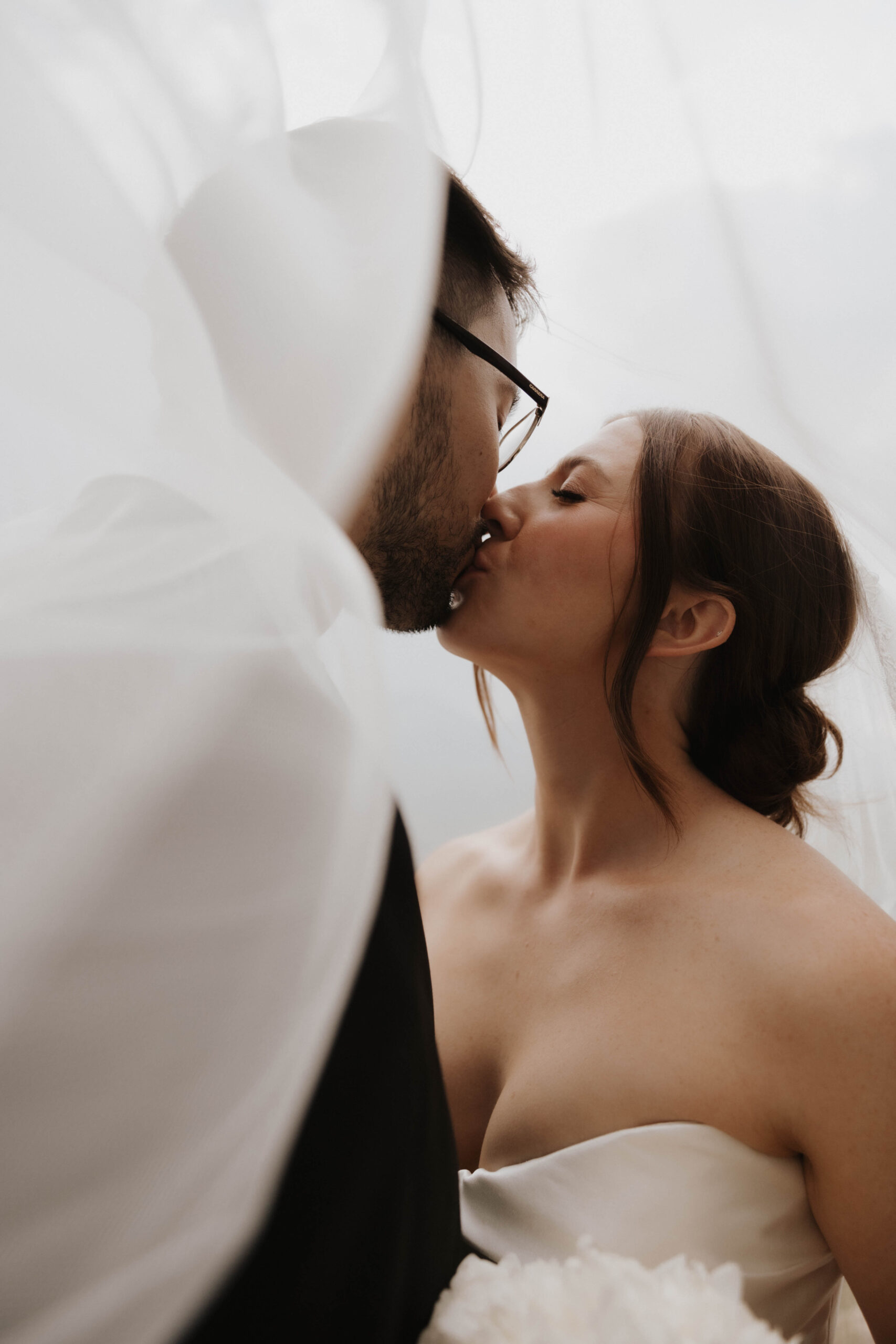 bride and groom portrait under the veil 