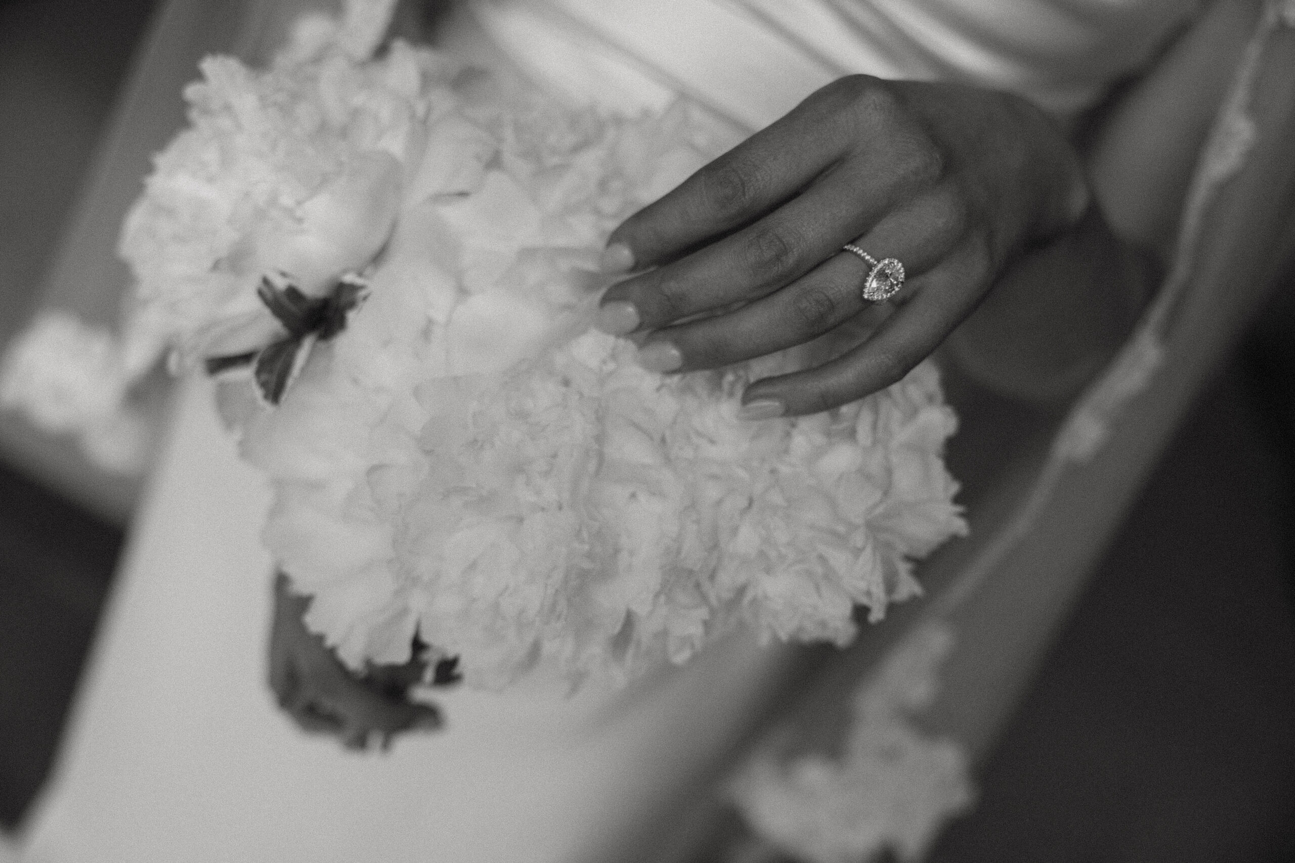 detail shot of bride's wedding ring and bouquet 