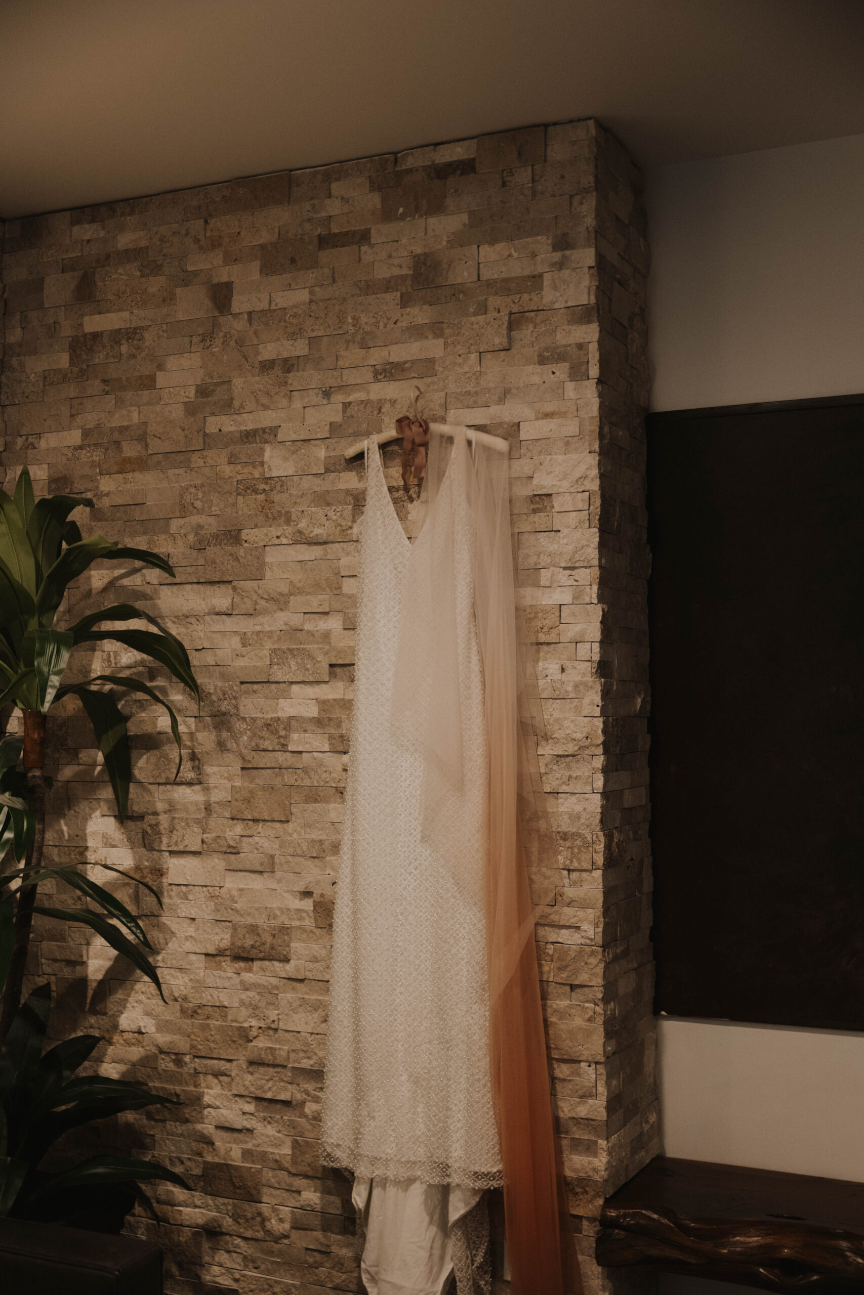 the bride's wedding dress hanging up 