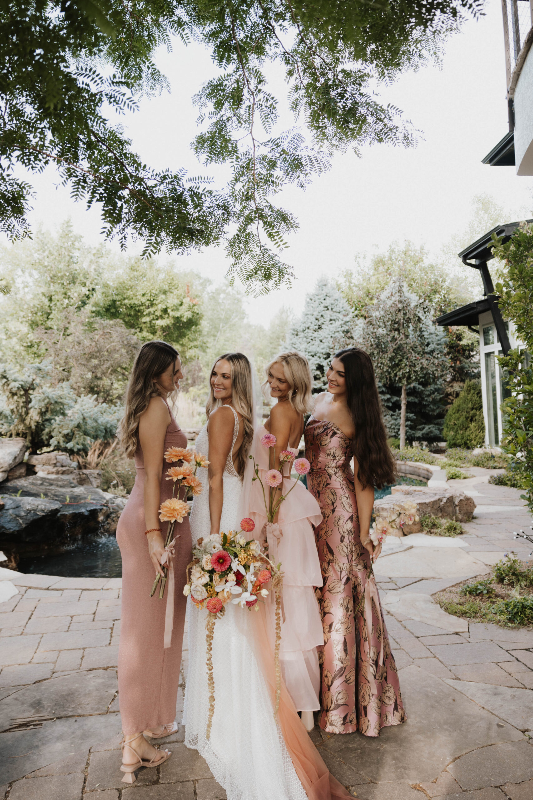 wedding party portraits by the pool 