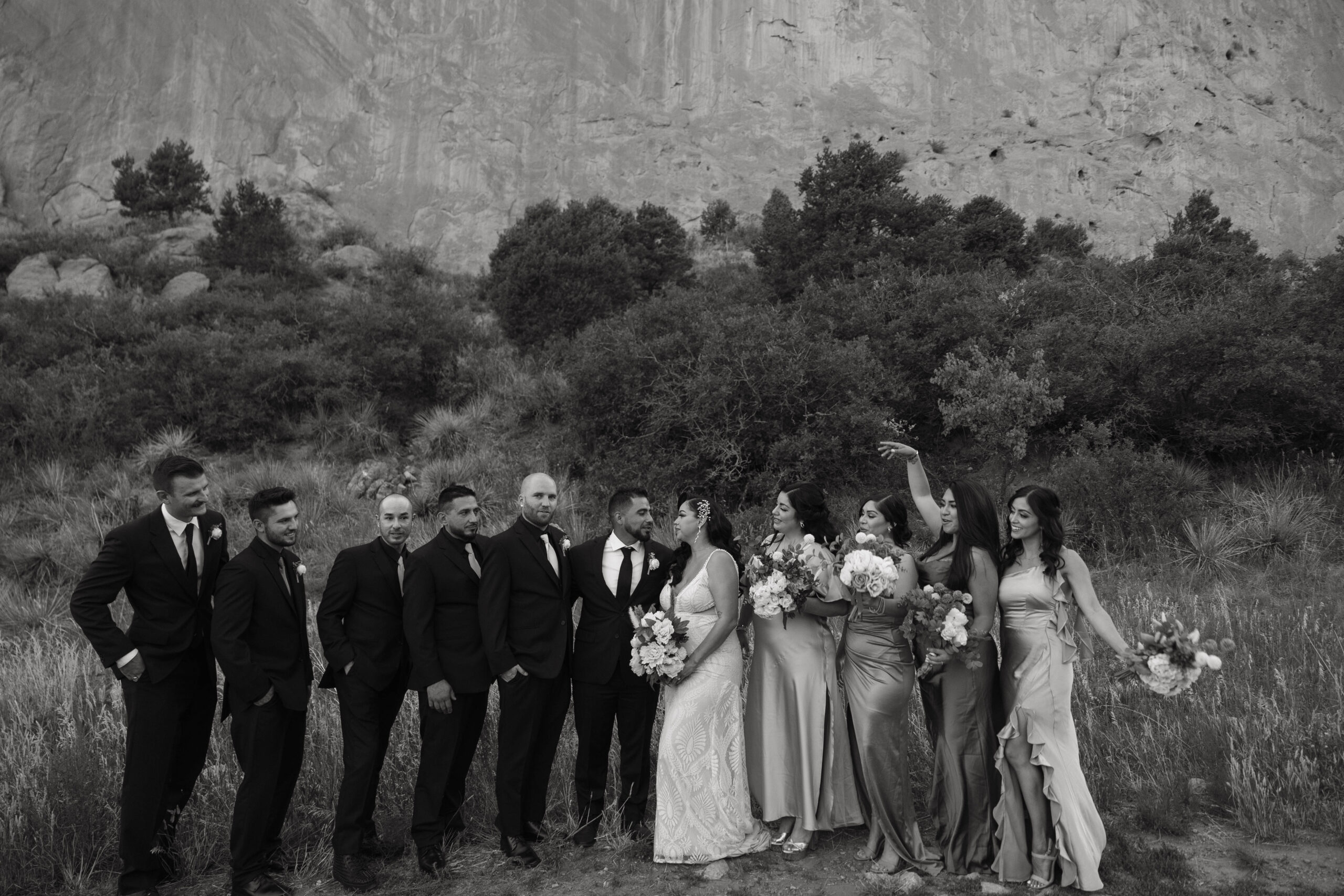 black and white candid wedding parry photo 