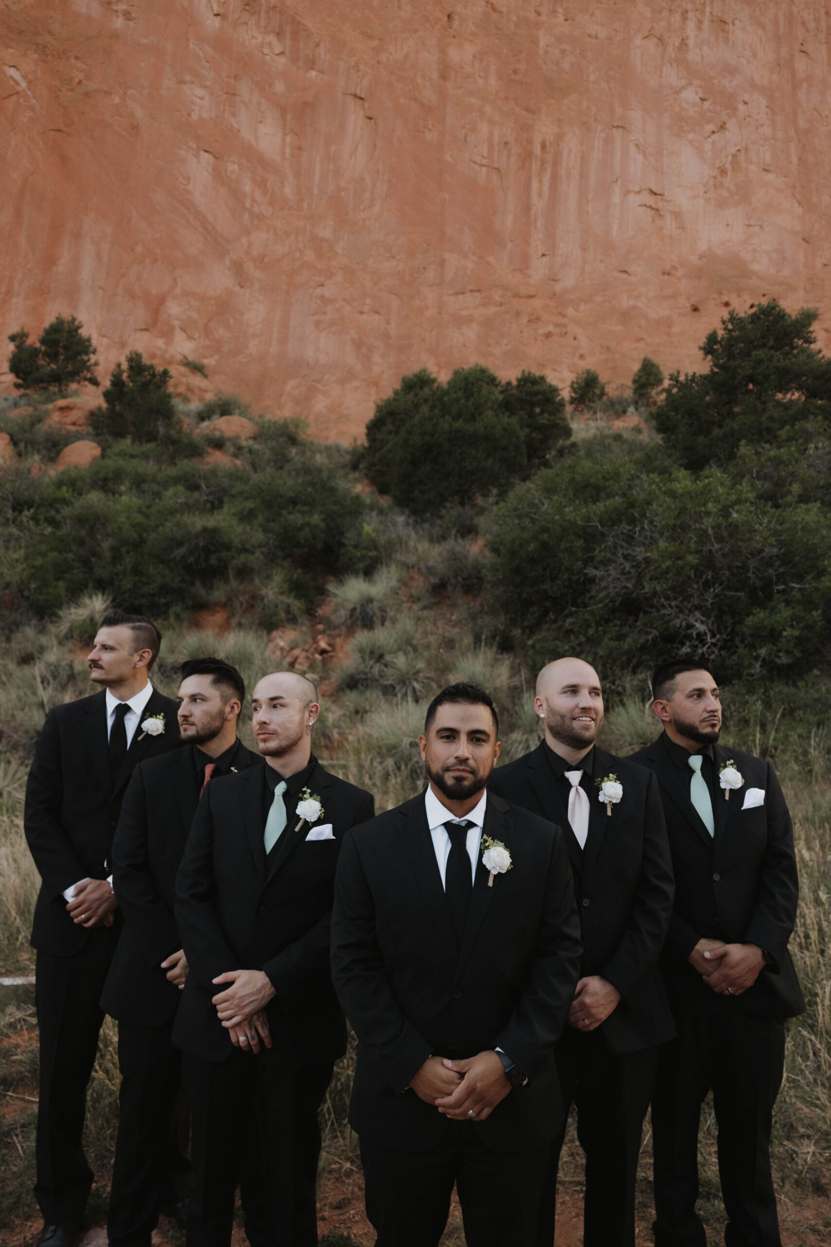 groom and groomsmen portrait for wedding at garden of the gods