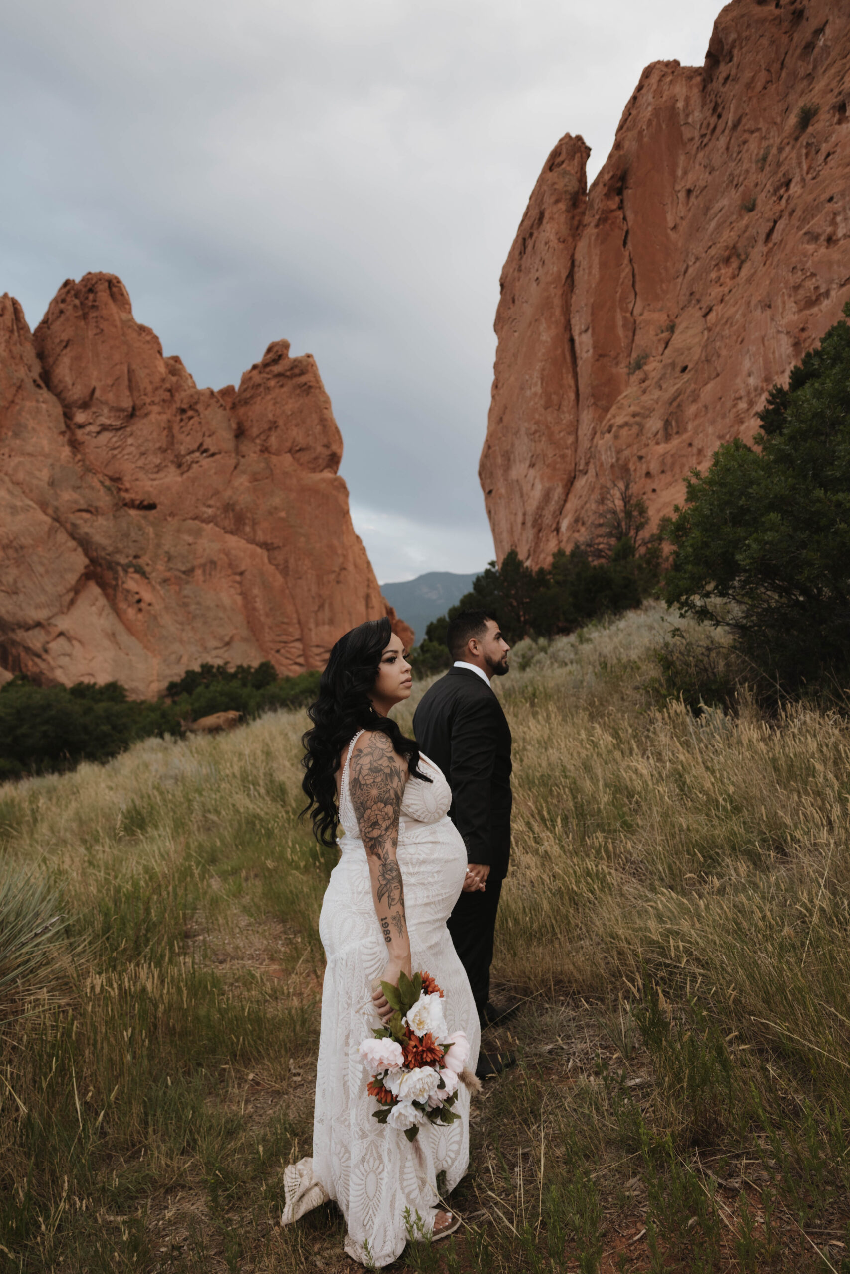 bridal couples portrait from wedding at garden of the gods