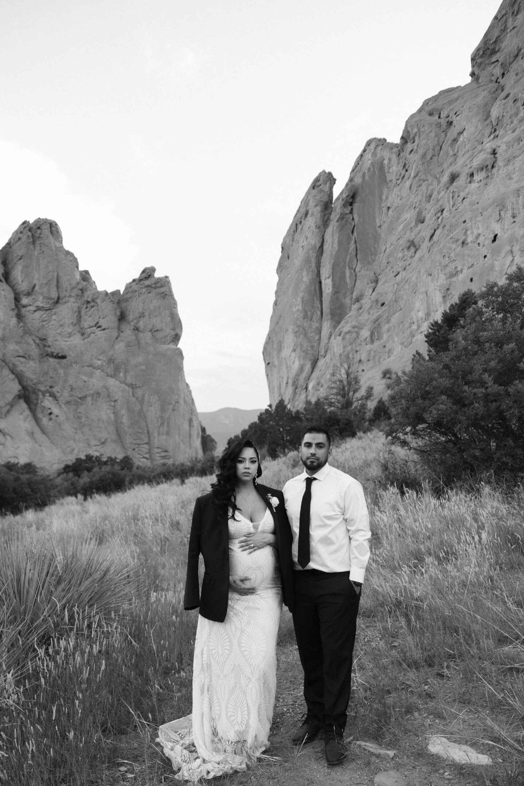 bride and groom portrait at wedding at garden of the gods