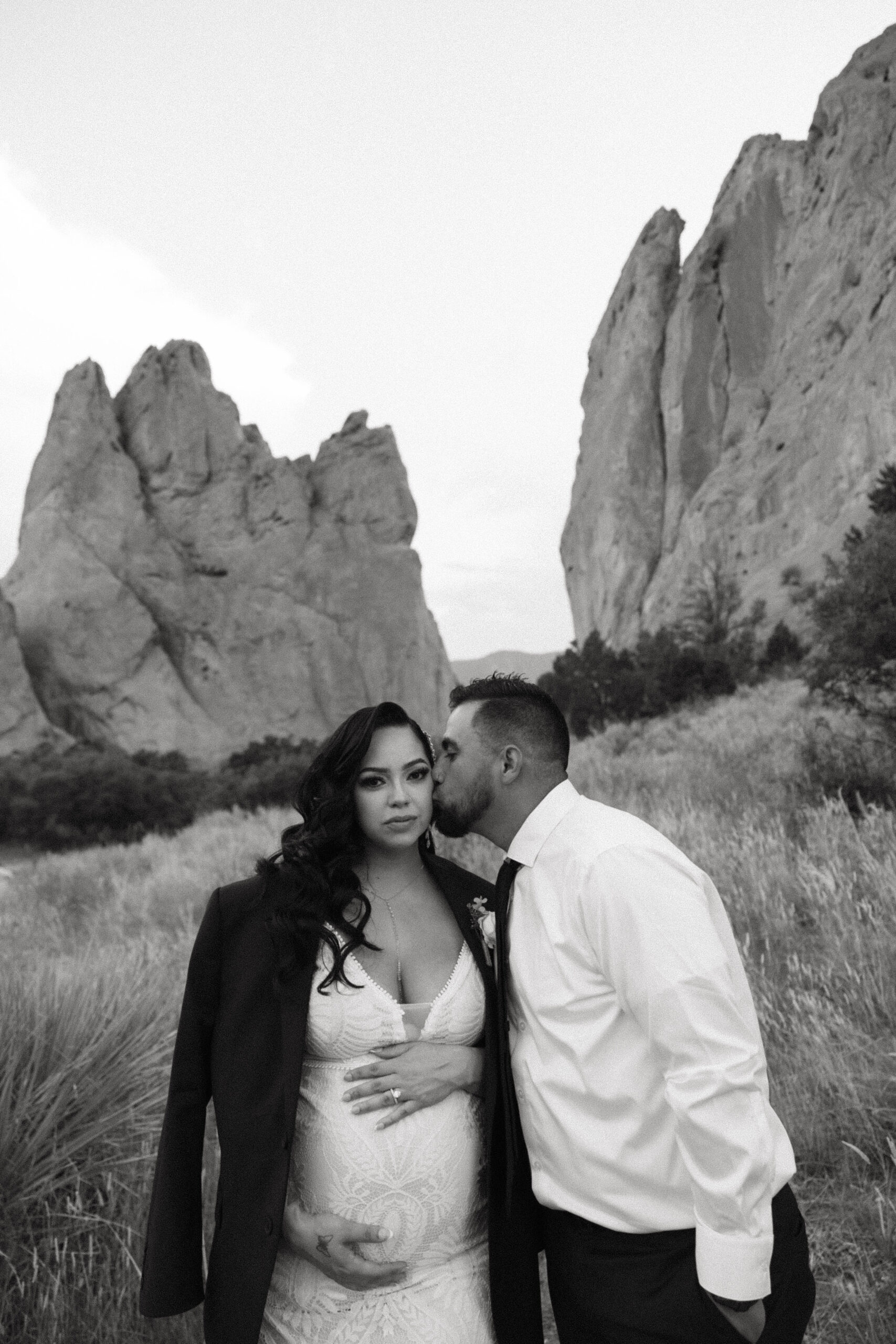 bride and groom portrait during wedding at garden of the gods