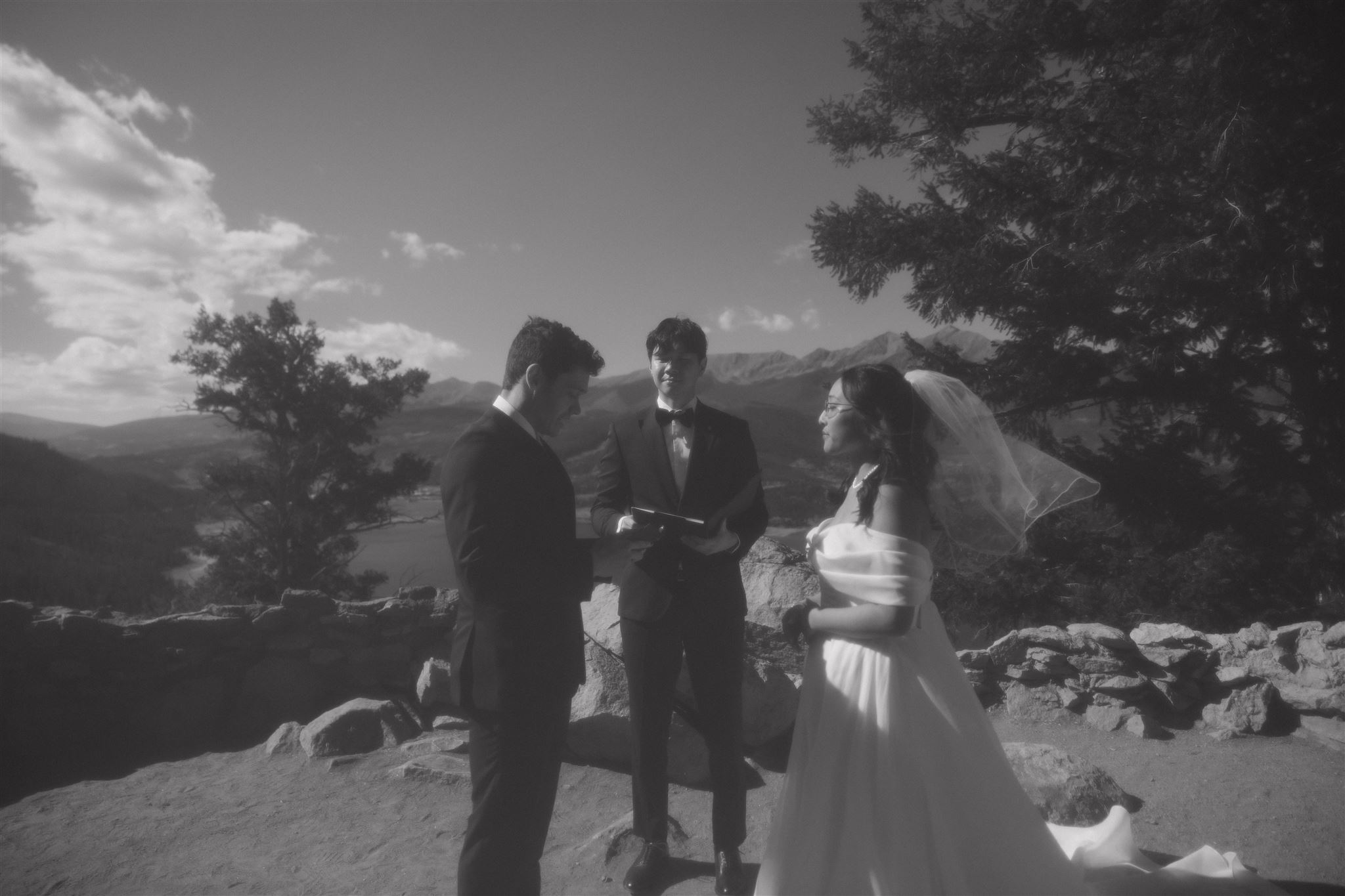 vintage looking photo of bride and groom at Sapphire Point Elopement ceremony 