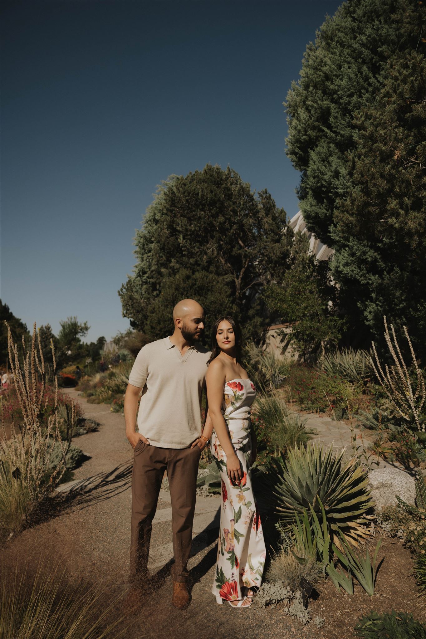 newly engaged couple in the desert landscape of Denver Botanic Gardens 