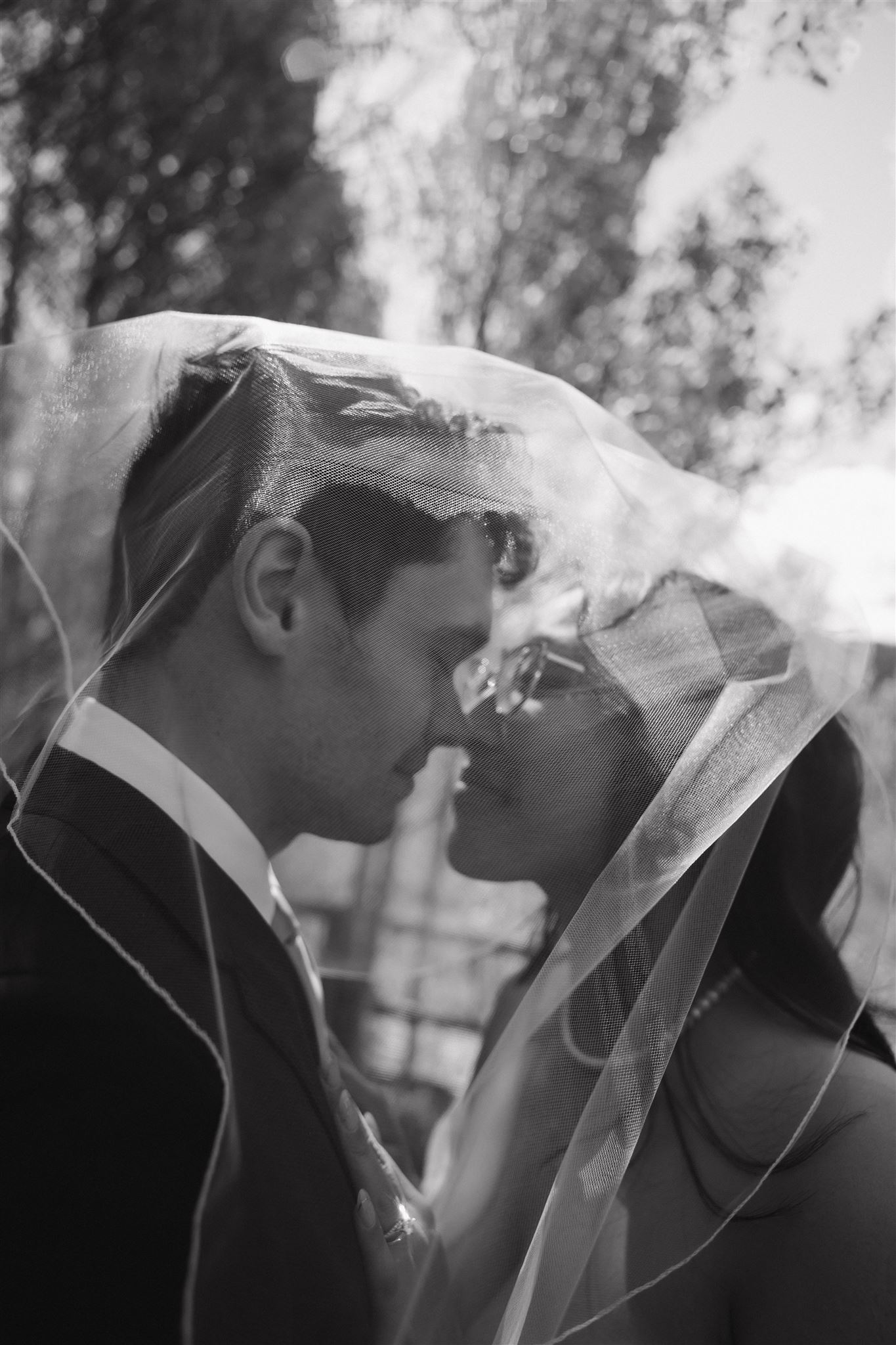 under the veil bride and groom portrait 