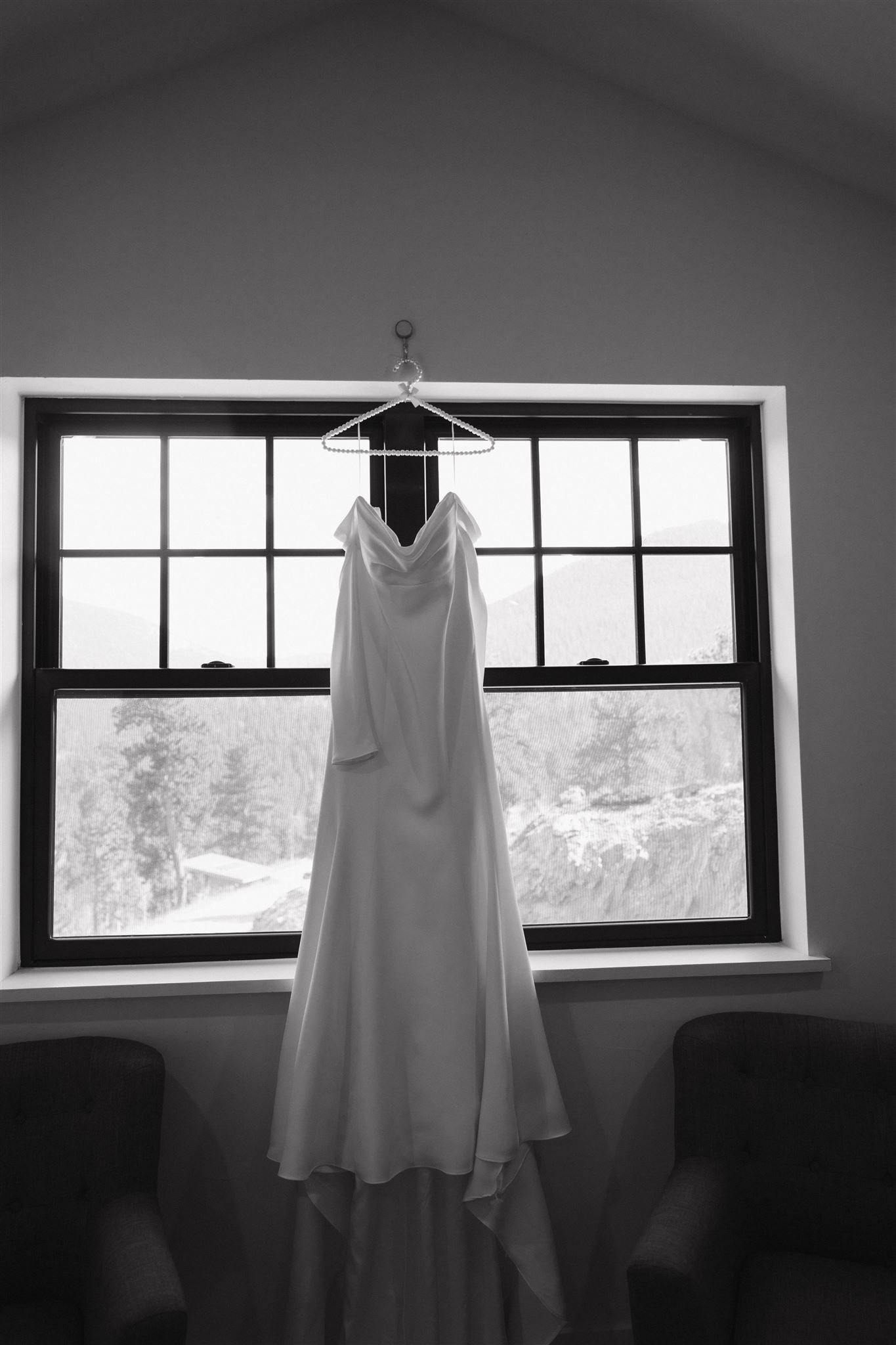 bride's dress hung up 