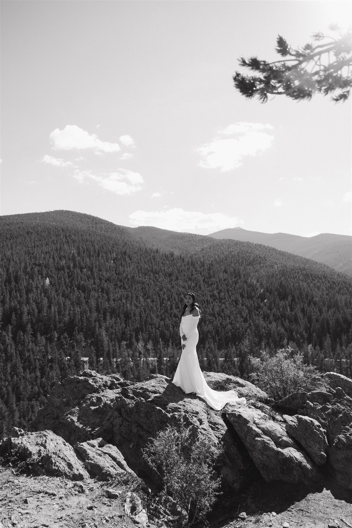 bridal portrait with the mountains behind her 