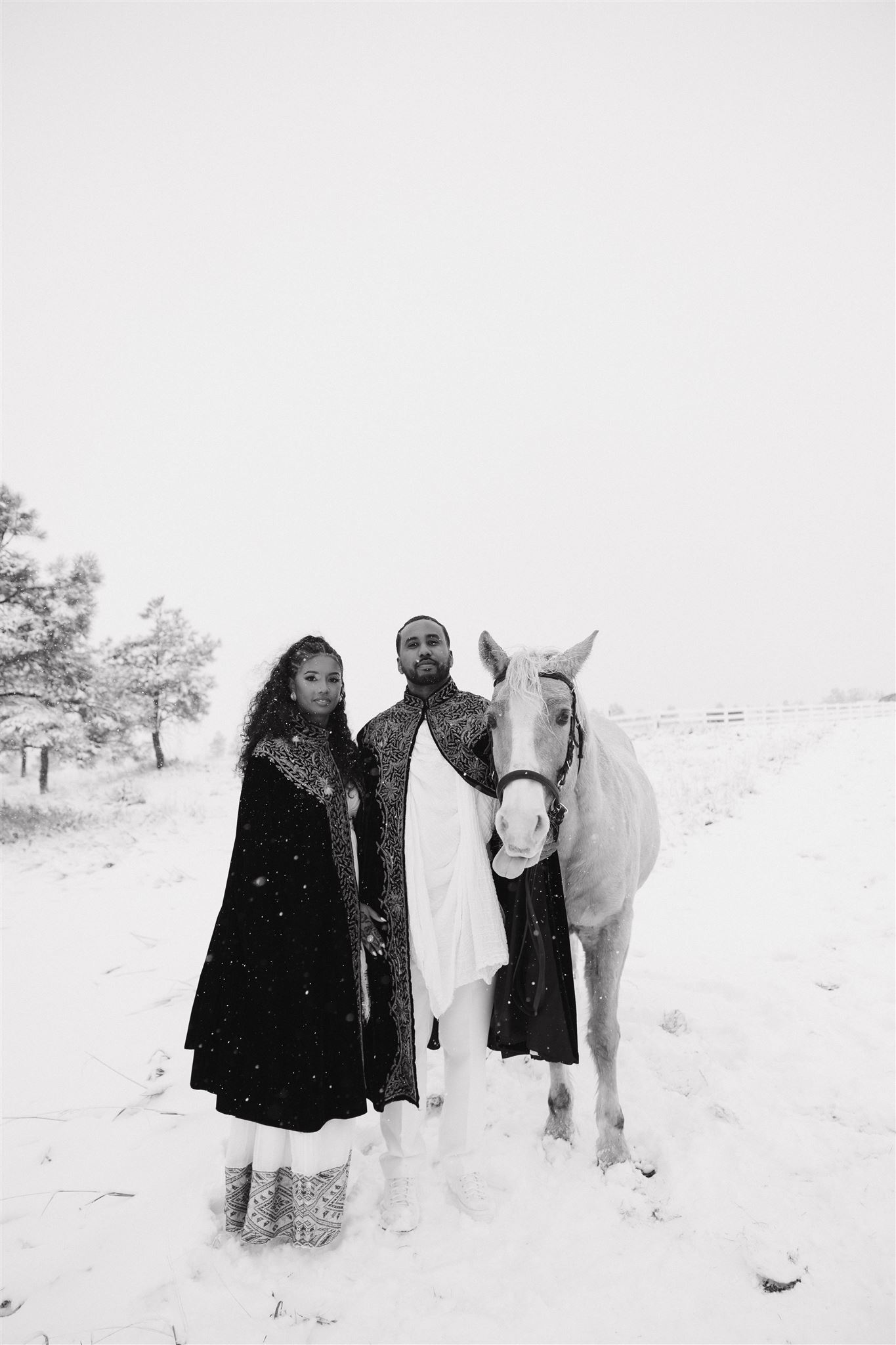 winter engagement photos in the snow with a horse