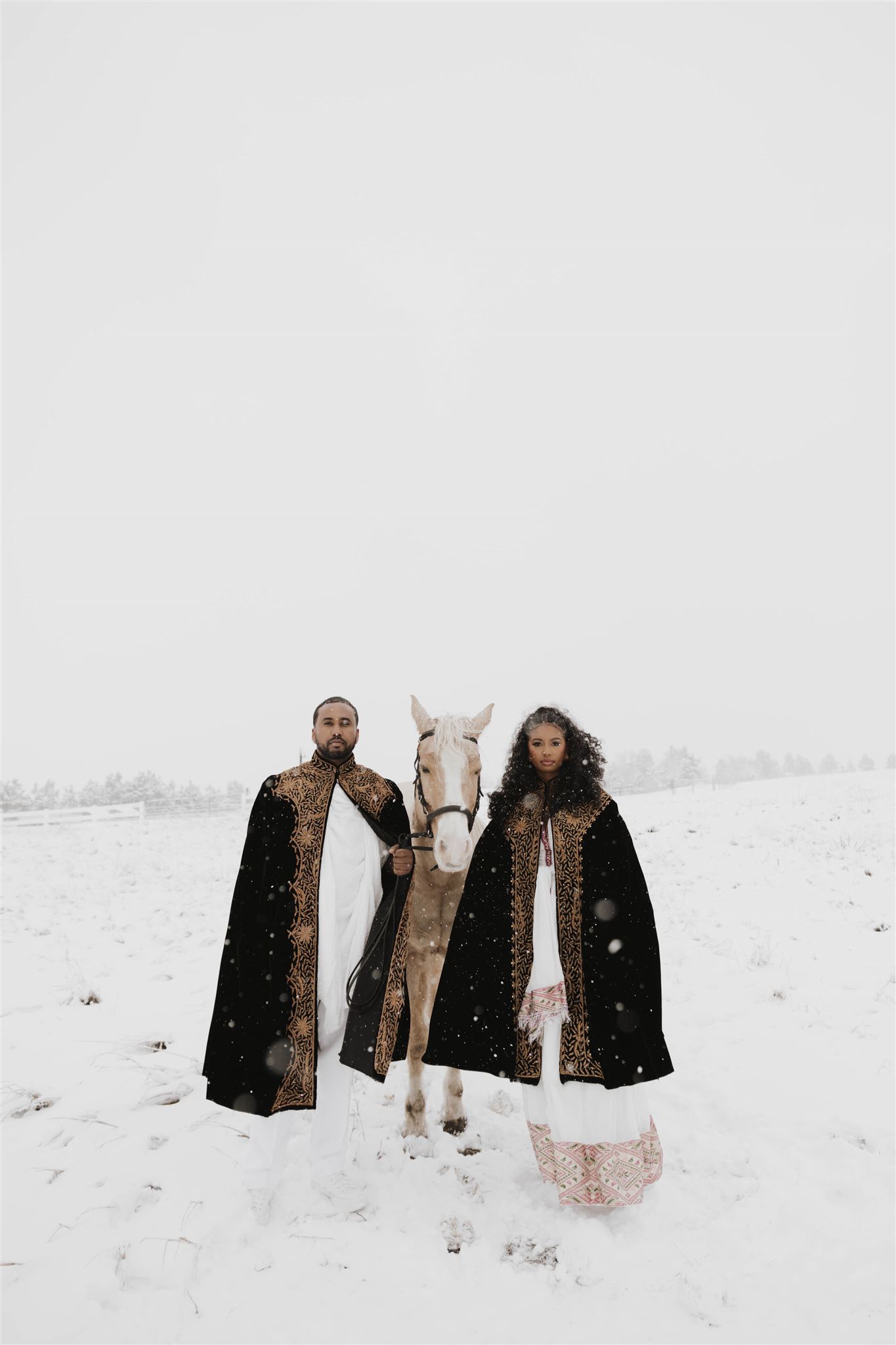 unique engagement photos with snow and a horse